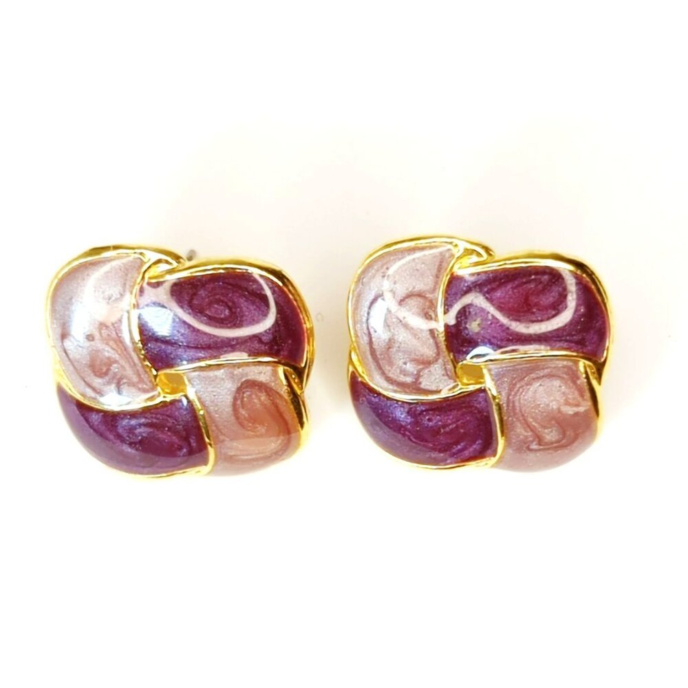 Vintage 80s Gold-Tone Knot Earrings With Purple & Pink Enamel Accents